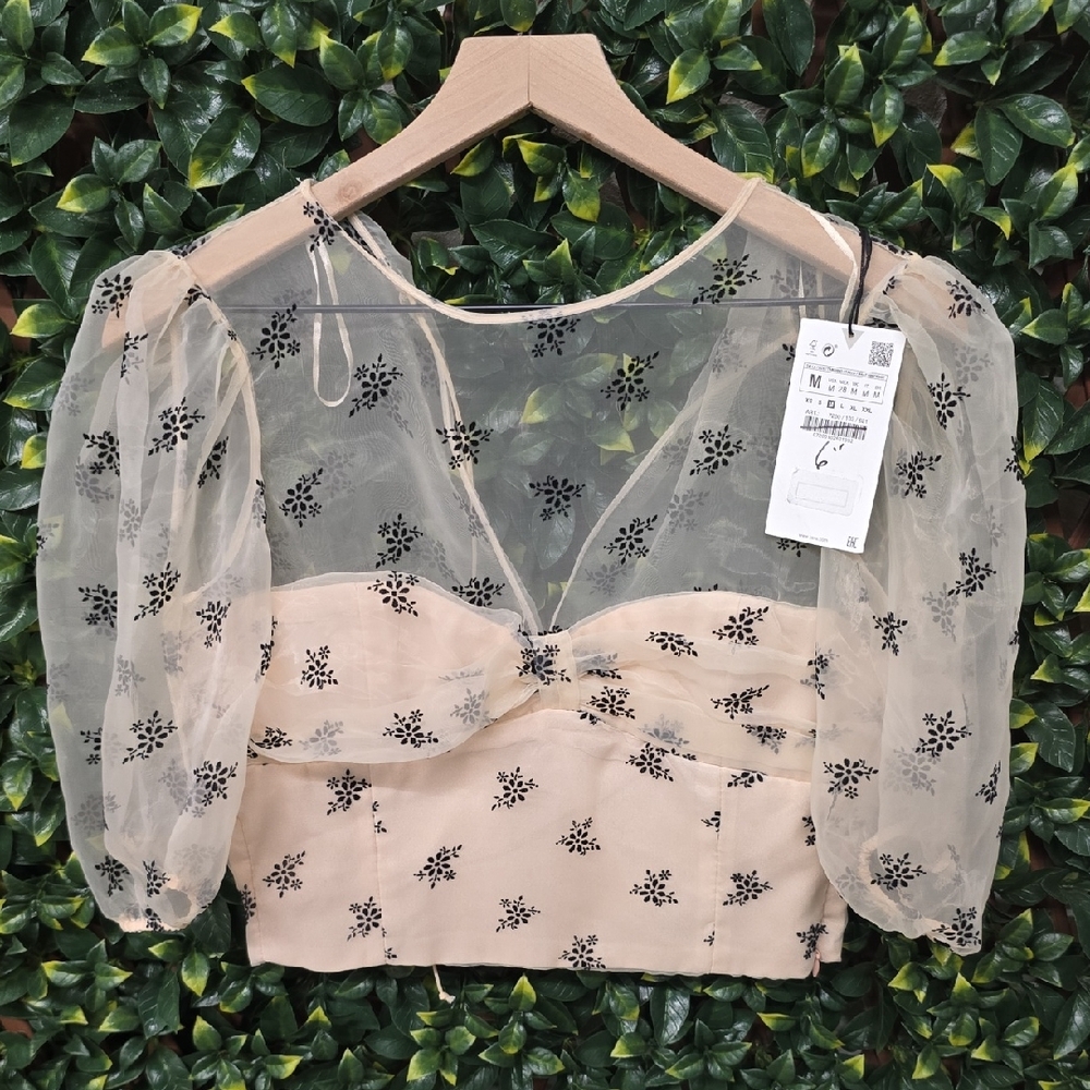 Zara Sheer Floral Blouse - Cream and Black